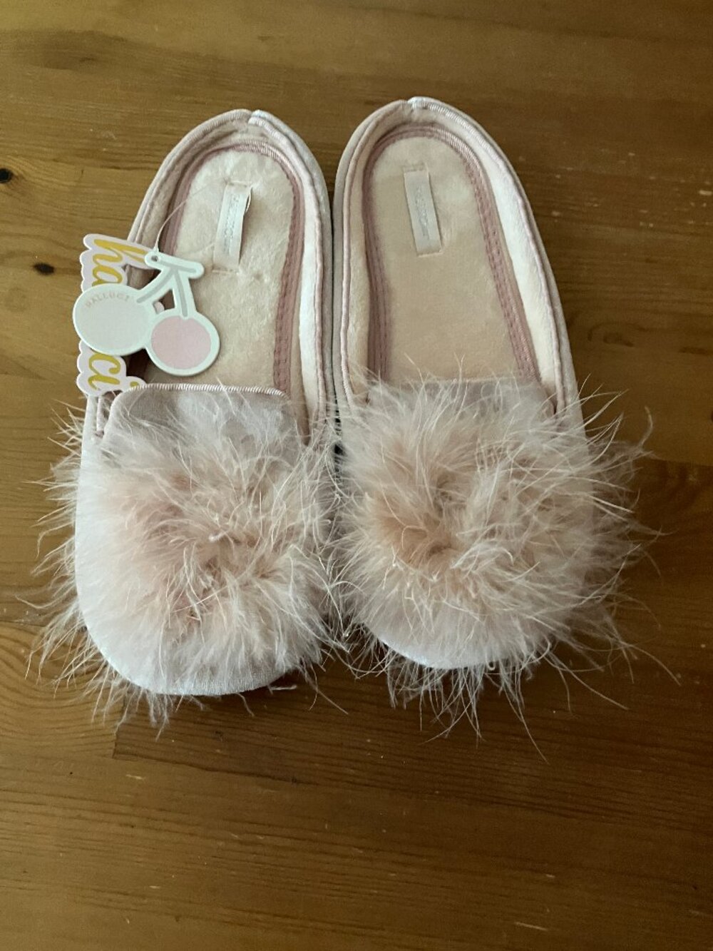HALLUCI Ladies' velvet memory foam house slippers Pink Feather pom-pom  36/37